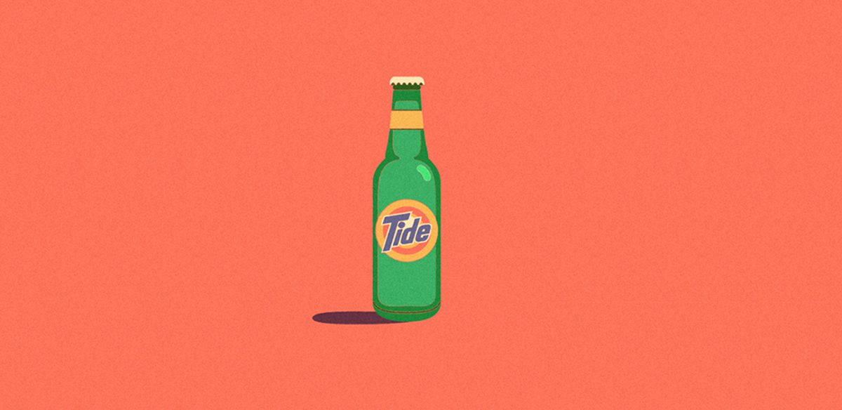 Cocktail de Marcas Ilustrado por Mike Stefanini: Garrafa de Cerveja com o Logótipo da Tide