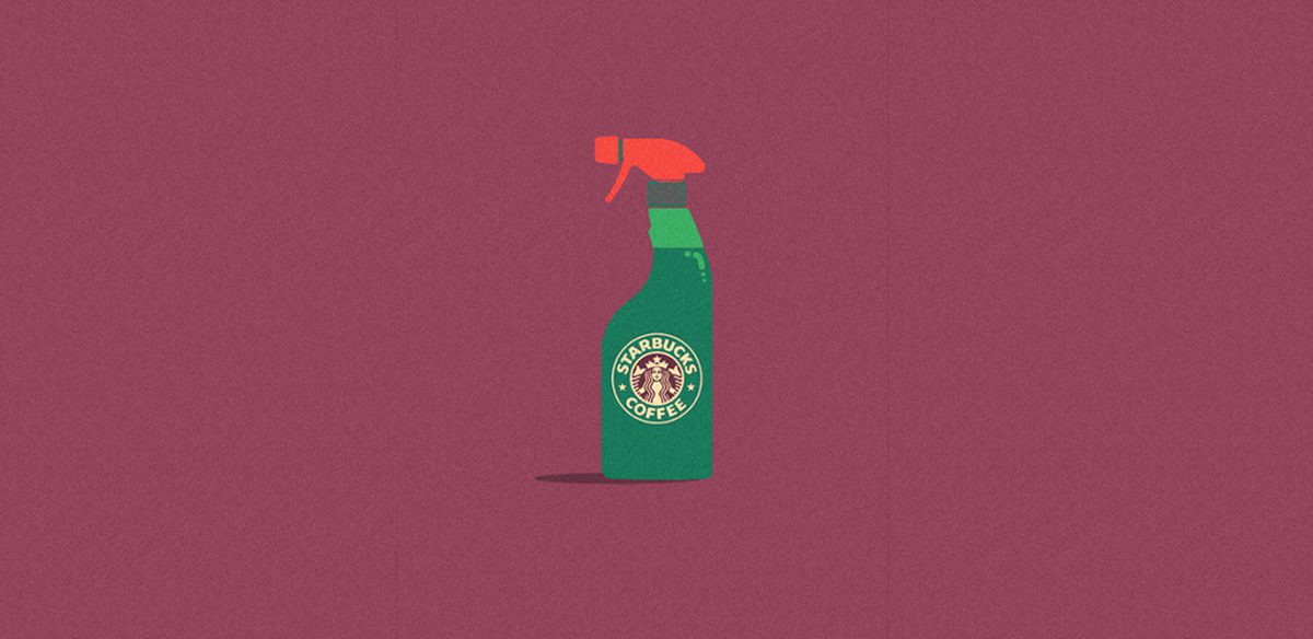 Cocktail de Marcas Ilustrado por Mike Stefanini: Garrafa de Spray de Limpeza com o Logótipo de Starbucks