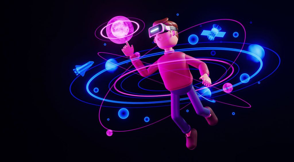 menino com óculos de realidade virtual a vaguear pelo espaço
